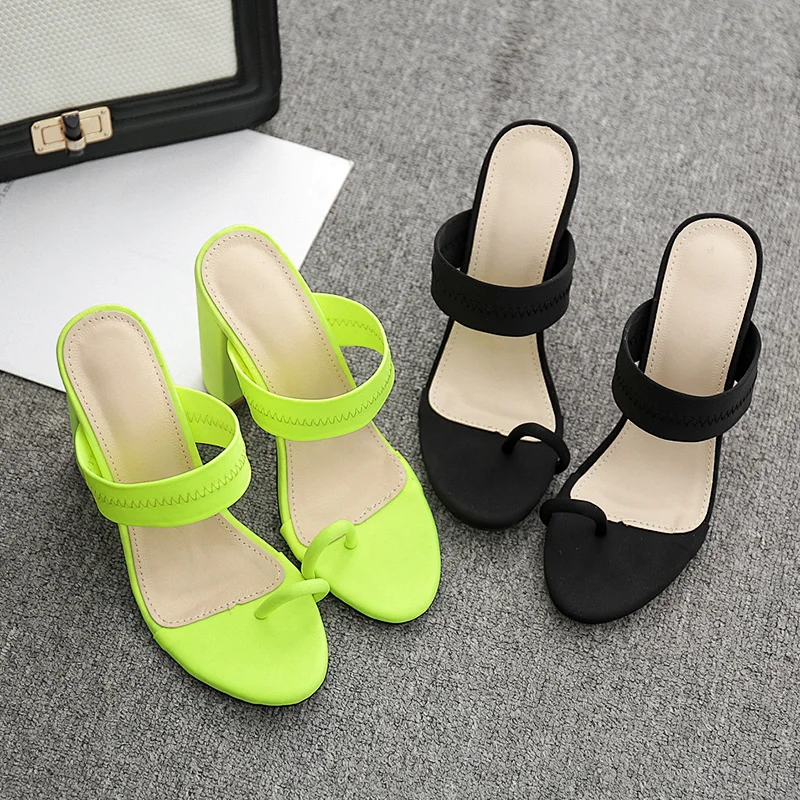101866  Women Shoes High Heel Summer Slippers Ladies Fashion Flip Flops Block Heels Female Shoes Plus Size Green Black