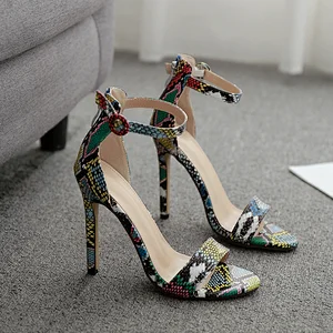 100938DEleventh Woman Shoes New PU Leather Color Snakeskin Fashion Sandals Ankle Crossed Tied Stilettos High Heels Ladies