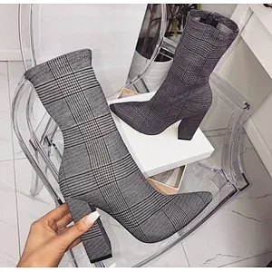 101365 DEleventh Shoes Woman 2020 New Design Shoes Plaid Pointy Toe High Heels Knight Boot Side Zipper Thick Heels Ankle Boots