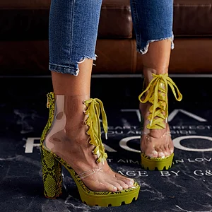 DEleventh Shoes Woman Waterproof Platform Shoes Sexy Transparent PVC Snakeskin Crossed Tied Coarser High Heels Boots Green White