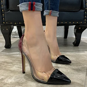 DEleventh Shoes Woman Office Shoes Sexy Pointy Toe PU Leather PVC Clear Slip-On Stiletto High Heels Formal Pumps Rose In Stock