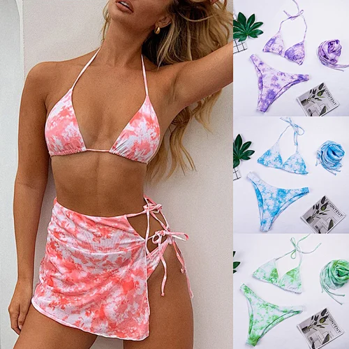 3 Pieces Bathing Suit Women Sexy Bikini Halter Beachwear Skirt Gradient Swimsuit Swimwear