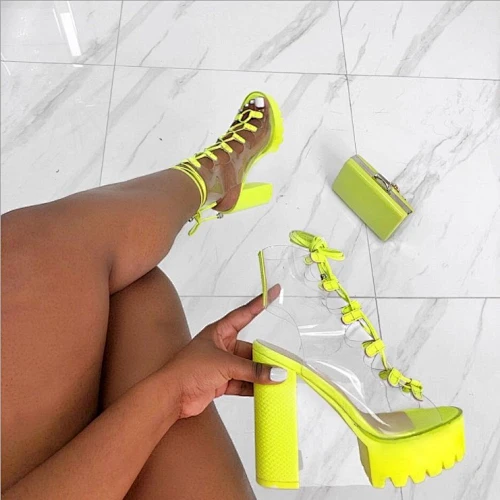 PL0433 Women Sandals Fashion Peep Toe Block Heel Sandals PVC Clear Lace up Platform High Heels Party Shoes