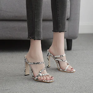 DEleventh Shoes Woman Fashion In Stock  Wholesale Snakeskin PU Leather Square Toe Sandals Party Shoes Block High Heels Slipper