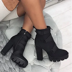 Deleventh Shoes Woman New Waterproof Platform Boots Punk Style Cross-strap Thick Soled Coarser High Heels Motorcycle Boots Black