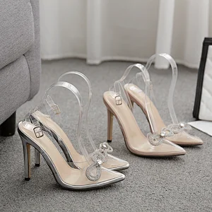 100813DEleventh Shoes Woman Sexy Bowknot Rhinestone PVC Clear Pointy Toe Heels Sandals Formal New Stiletto High Heels Shoes