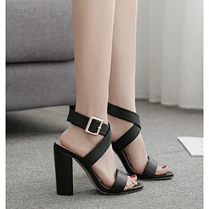101917 Deleventh Shoes Woman New Fashion PU Leather Buckle Strap Cross Strap Sandal Coarser High Heels Open Toe Roman Shoes