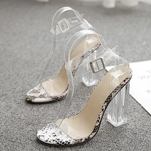 DEleventh Shoes Woman New Arrivals Sexy PVC Clear Peep Toe Crystal Heels Coarser High Heels Wedding Shoes Plus Size Wholesale