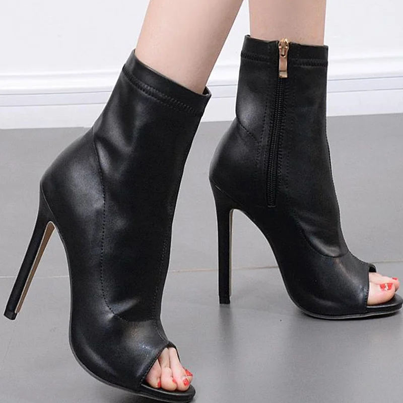 DEleventh Shoes Woman Fashion PU Leather Peep-Toe Sandals 2020 New Style Pumps Stiletto High Heels Wedding Shoes Black Autumn