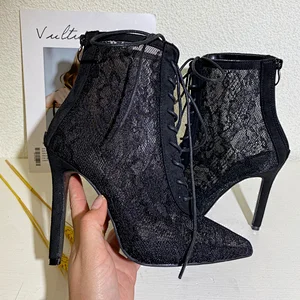 DEleventh Shoes Woman Party Show Shoes Sexy Lace Mesh Pointy Toe Lace-Up Stiletto High Heel Ankle Boot Black In Stock Wholesale