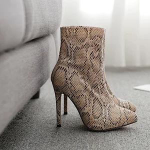 DEleventh Shoes Woman Snakeskin Martin Boots Stiletto High Heel Summer New Pointy Toe PU Leather Zippers Model Show Shoes Winter