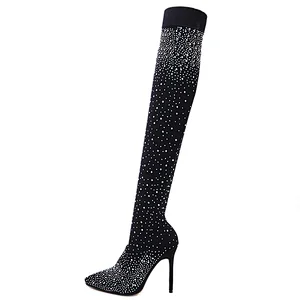 BL139-21 Ewomen Long Sock Boots High-heeled Luxury Rhinestone over the Knee Boots Pointed Celebrity women's shoes black