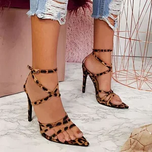 DEleventh Shoes Woman Wholesale In Stock Sexy Snakeskin Leopard  PU Leather Heels Sandals Pointy Toe Stiletto High Heels Shoes