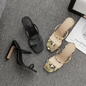 DEleventh Woman Shoes Flip Flops Slippers Party Shoes Square Toe PU Leather Colour Snakeskin Fashion Sandals Coarser High Heels