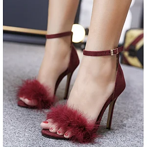 In stock Feather detial  high heels shoes women open toe sandals ladies footwear Bridal Shoes black red pink apricot size 43