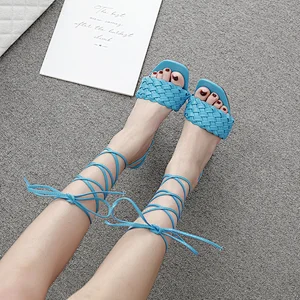 100766 DEleventh Woman Shoes New Fashion PU Leather Plaid Ankle Crossed Tied Stilettos High Heel  Sandals Sexy Ladies Party