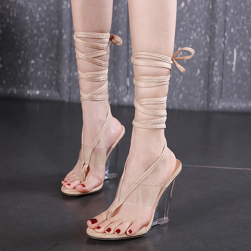 DEleventh Shoes Woman Roman Lace Up PVC Clear Wdge Heel Sandals Summer Square Toe High Heels Shoes Beige Black In Stock  Wholesa