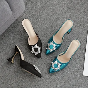 MN332-6 2020 Closed Pointed Toe Rhinestone Sun Flowers Slippers Women High Heels Ladies Pumps Shoes For Women