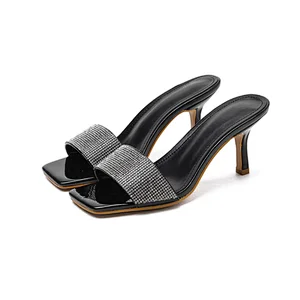 DEleventh Shoes Woman New Design Sexy High Heels Rhinestone Sexy  Sandals Slip-On Open Toe Middle Stiletto Heels Slipper  Black