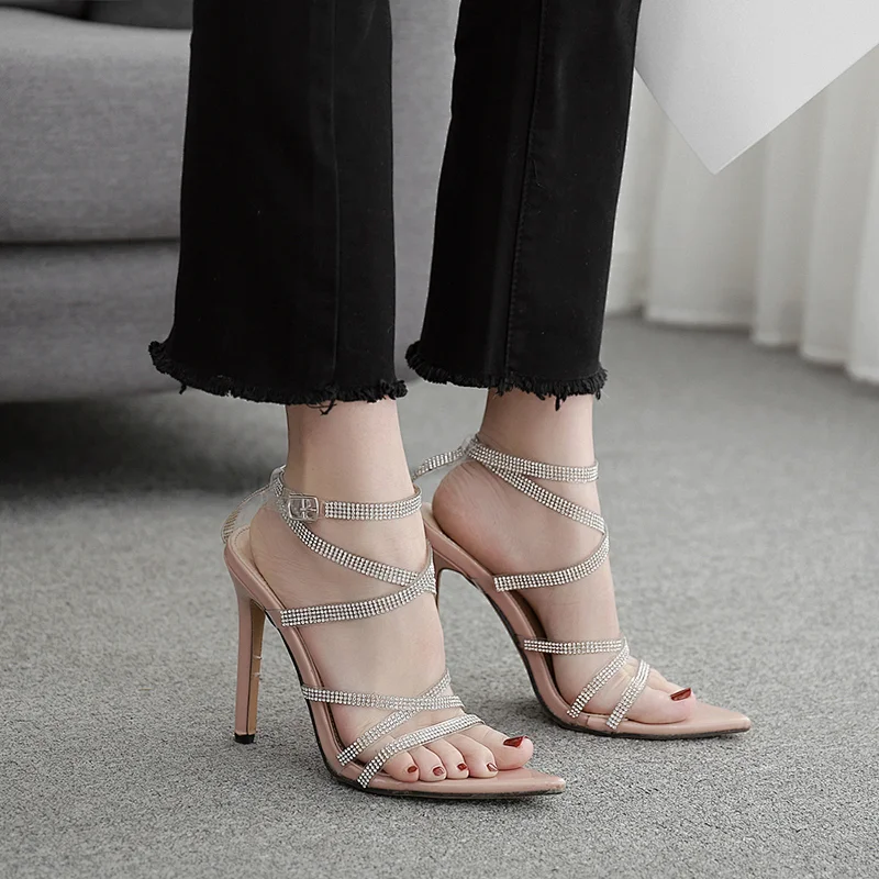 Fashion Thin Heel Diamond Sandals Pointed Open Toe Ankle Buckle Strap High Heels Stilettos Party Women Shoes Black Apricot