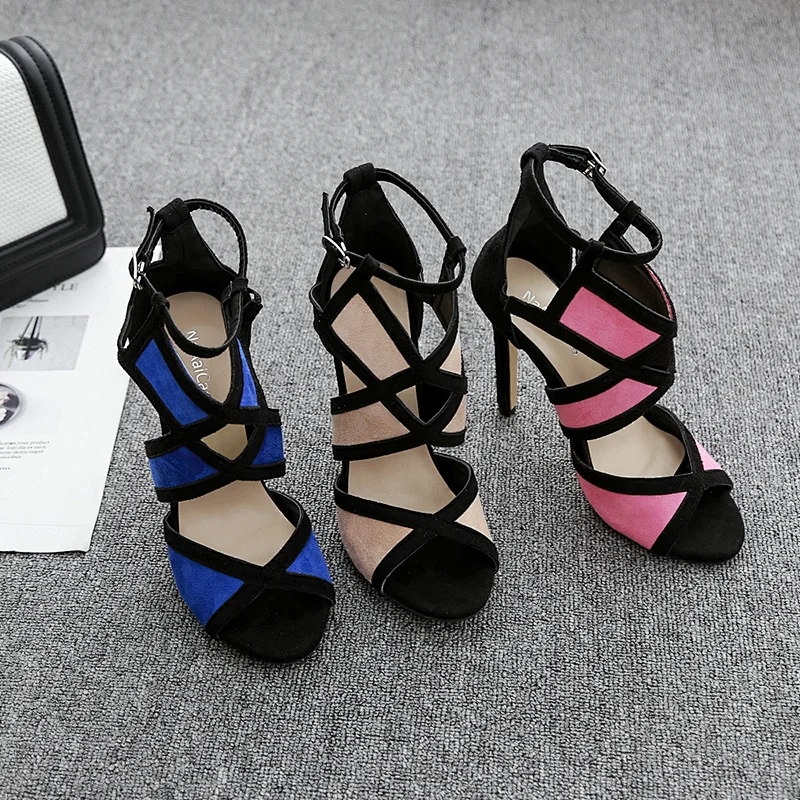 DEleventh Women Shoes New Arrivals Hollow Out Suede Summer Sandals Peep-Toe Stiletto High Heels Catwalk Shoes Pink Blue Beige
