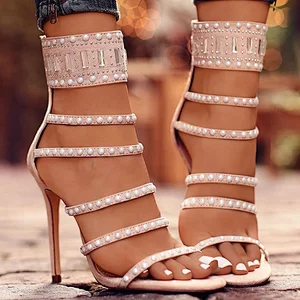 DEleventh Shoes Woman Summer 2020 Hot Selling Fashion Rhinestone Heels Sandals Rome Stiletto High Heels Party Shoes Black Beige