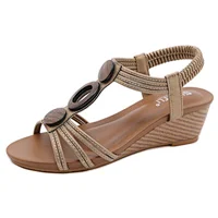 QX1621-2 Summer Womens Shoes Open Toe Vintage Beaded Wood Grain Wedge Platform Sandals Roman Shoes