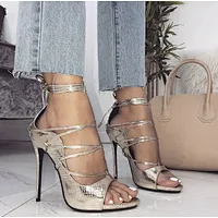 DEleventh Women Shoes Roman Style Golden Snakeskin Fashion Sandals Ankle Crossed Tied Stiletto High Heels Wedding Ladies Shoes