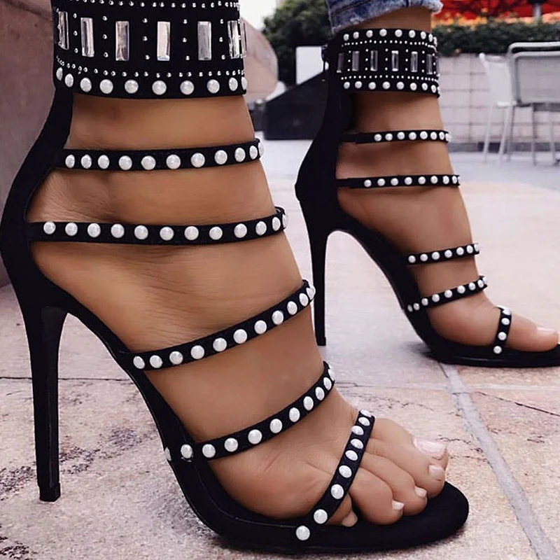 DEleventh Shoes Woman Summer 2020 Hot Selling Fashion Rhinestone Heels Sandals Rome Stiletto High Heels Party Shoes Black Beige