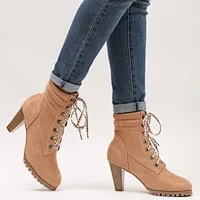 DEleventh Shoes Woman Plus Size Martin Boots New Fashion Winter Suede Crossed Tied Coarser High Heels Party Boots Brown Black