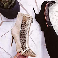DEleventh Woman Shoes New Fashion Suede Mesh Zippers Boots Pointy Toe Stiletto High Heels Lady Party Shoes Black Beige Plus Size