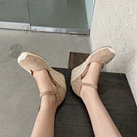 DEleventh Shoes Woman New Style Pump 2020 Summer Sexy Round Toe Suede Fashion Wedge High Heel Formal Shoes Beige Black Wholesale