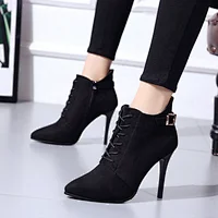 DEleventh Shoes Woman 2020 New Pointy Toe Formal Shoes Suede Slim Heels Ankle Crossed Tied Stilettos Heels Martin Boots  Black