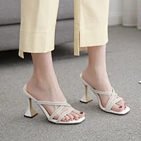 100934 DEleventh Woman Shoes Rhinestone designer Heels Sandals Slip-On Square Toe Ladies Summer sandals women heeled slippers
