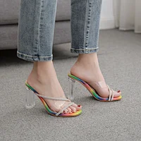 DEleventh Shoes Woman New Clear Crystal Colored Snakeskin Rhinestone Heel Sandals Coarser Heel Slipper Sexy Ladies Dress Shoes