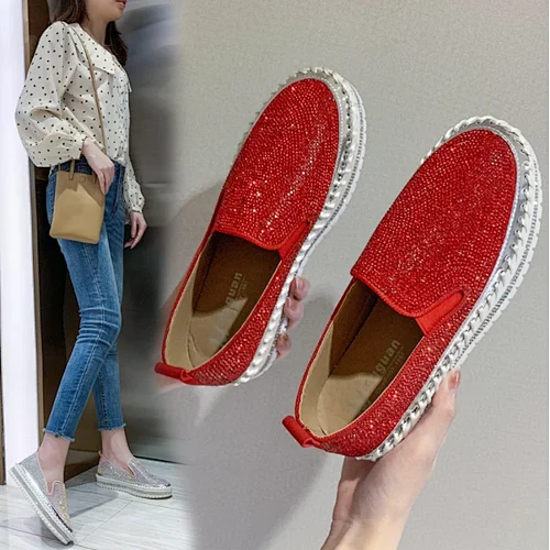Spring 2022 fashion Rhinestone sequins large flat bottom lace up women's single shoes women causal sneaker shoes