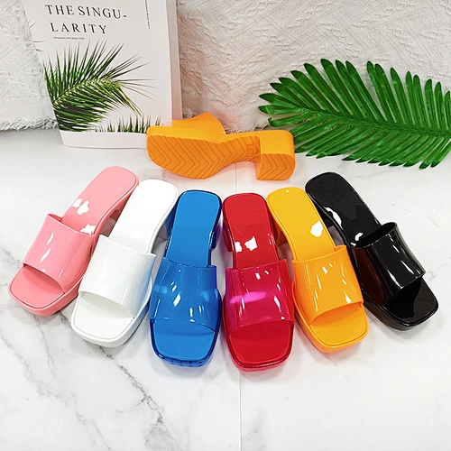 DEleventh shoes GC042 famous designer shoes quality colorful jelly shoes square block heel fashion candy color slipper for women