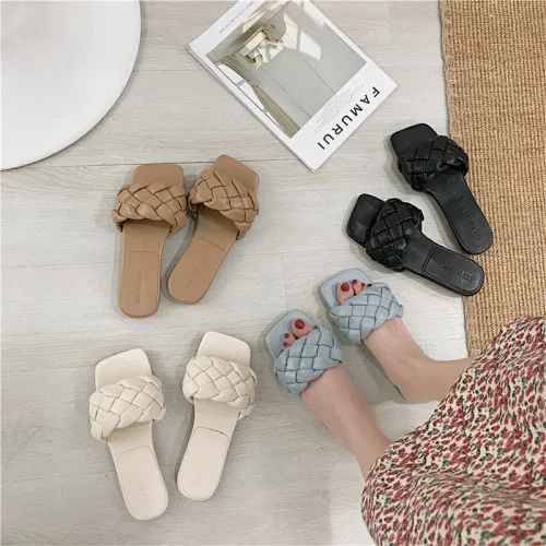 Deleventh shoes  New design summer candy color women shoes square toe plaid flat slippers women sandals beige white