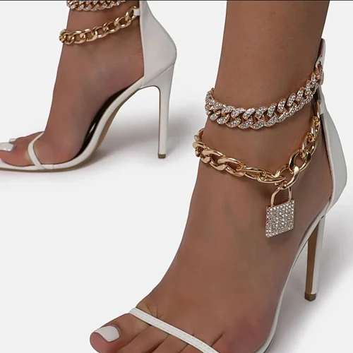 Women Fashion PU Leather Open Toe Stiletto Evening Party Club Wedding Pumps High Heel Sandals wedding shoes with chains