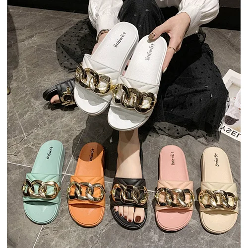 2021 Summer Fashion Trend Women's Shoes Flat Sandals Chain Slippers Outdoor Beach Shoes Slides Black Flip Flop Plus Size