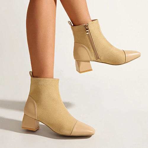 113425 Korean style faux suede patchwork round toe women shoes chunky heels lady pumps side zip design female boots in apricot