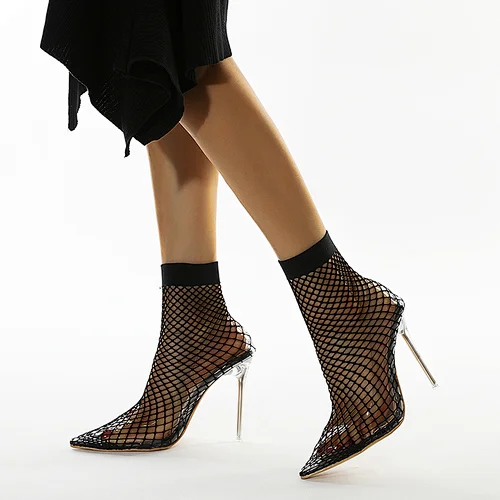 101860DEleventh Shoes Woman New Arrivals 2020 Mesh  Pointy Toe Ankle Heel Boots Stiletto Heels Sexy Ladies Dress Shoes Black