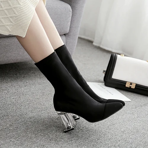 DEleventh Shoes Woman Winter Pointy Toe Elastic Short Boot Black Hot Selling 2020 Autumn Crystal Heel High Sock Boot Big Size 42