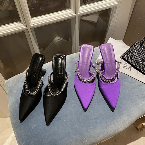 1818-8 DEleventh Shoes heeled Sandals light Point Toe ladies Heel shoes black purple heel women pumps slip on rhinestone sandals