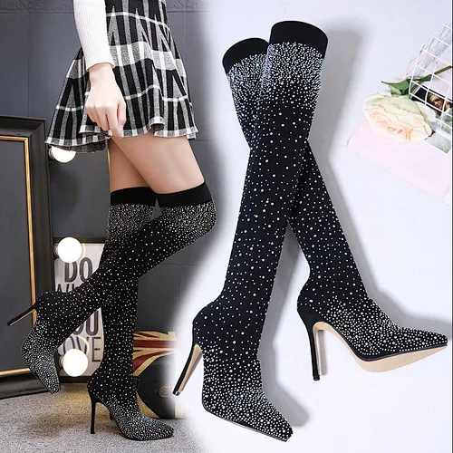 BL139-21 Women long Sock Boots High-heeled Luxury Rhinestone over the Knee Boots Pointed Celebrity women's shoes black