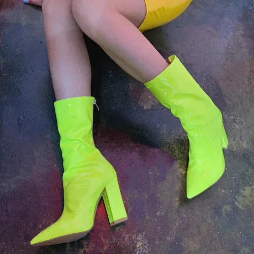 101062 DEleventh Shoes Woman New Style Shoes Patent Leather Candy Color Fashion Boots Pointy Toe Coarser High Heels Shoes