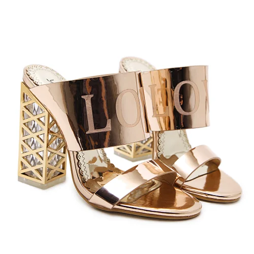 Double strap open toe metallic thick heel female slides simple fashion lady mules summer outer wear women slipper sandals