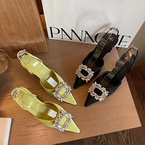 DEleventh shoes 115569 women shoes point toe designer heels Satin square rhinestone diamond shinning ladies shoes heels 2022 new