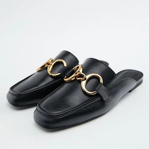 DEleventh Shoes Z 5550 Big metal buckle square toe flat sandals mules shoes classic red black soft soles footwear women slippers