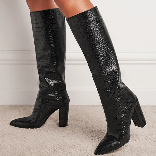 113467 Faux croc leather thick heeled women pumps winter fashion pointy toe pull on lady knee length boots in black dressy shoes
